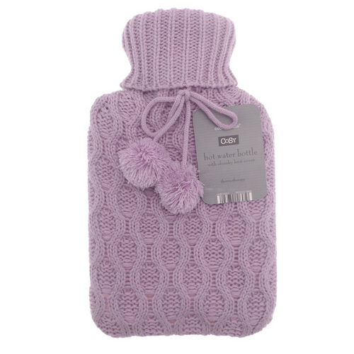 2 Litre Natural Rubber Hot Water Bottle Chunky Knit Cable Knitted Pom Pom Cover