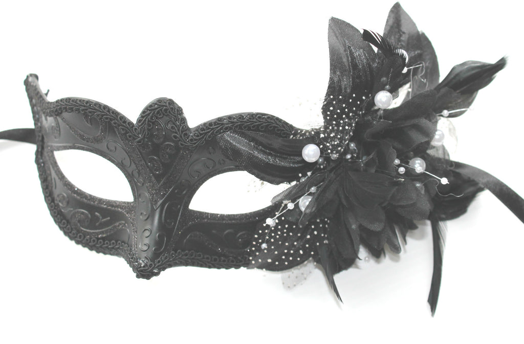 LADIES BLACK MASK WITH  PEARLS & FLOWER VENETIAN CARNIVAL MASQUERADE MASK