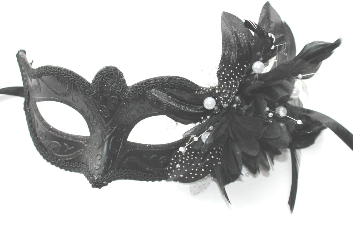 LADIES BLACK MASK WITH  PEARLS & FLOWER VENETIAN CARNIVAL MASQUERADE MASK