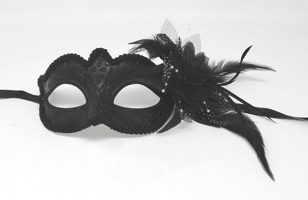 MIDNIGHT BLACK MASK WITH FLOWER/PEARLS VENETIAN MASQUERADE PARTY BALL PROM EYE