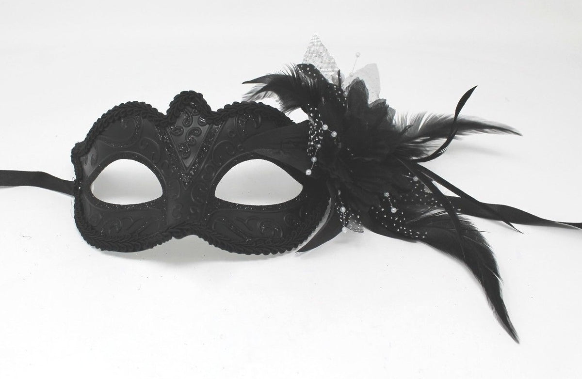 MIDNIGHT BLACK MASK WITH FLOWER/PEARLS VENETIAN MASQUERADE PARTY BALL PROM EYE