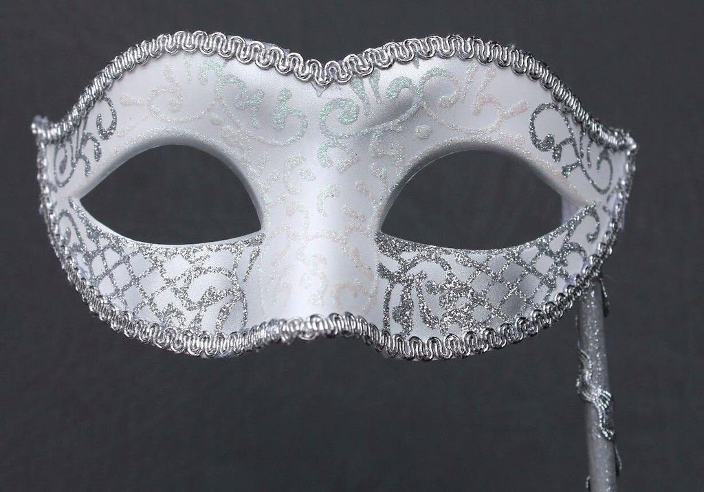 VENETIAN MASQUERADE BALL PARTY EYE MASK WITH A HAND HELD STICK SILVER & WHITE