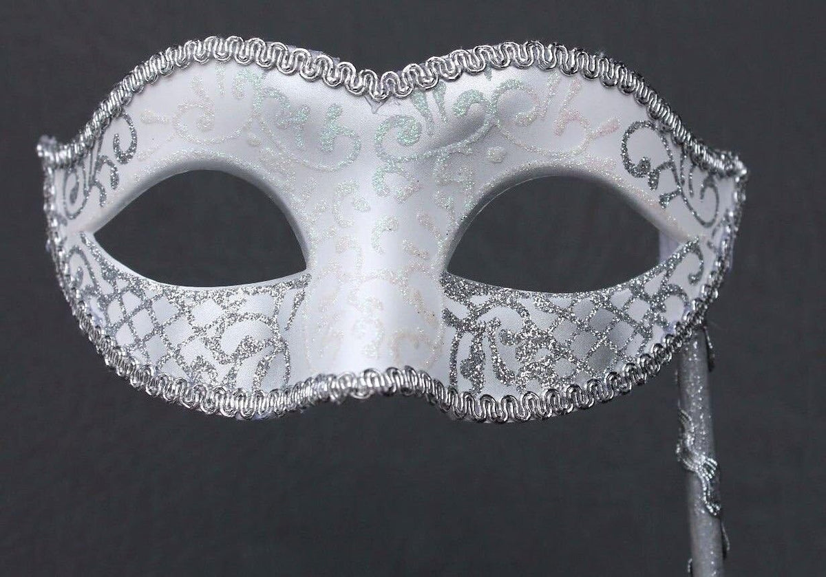 VENETIAN MASQUERADE BALL PARTY EYE MASK WITH A HAND HELD STICK SILVER & WHITE