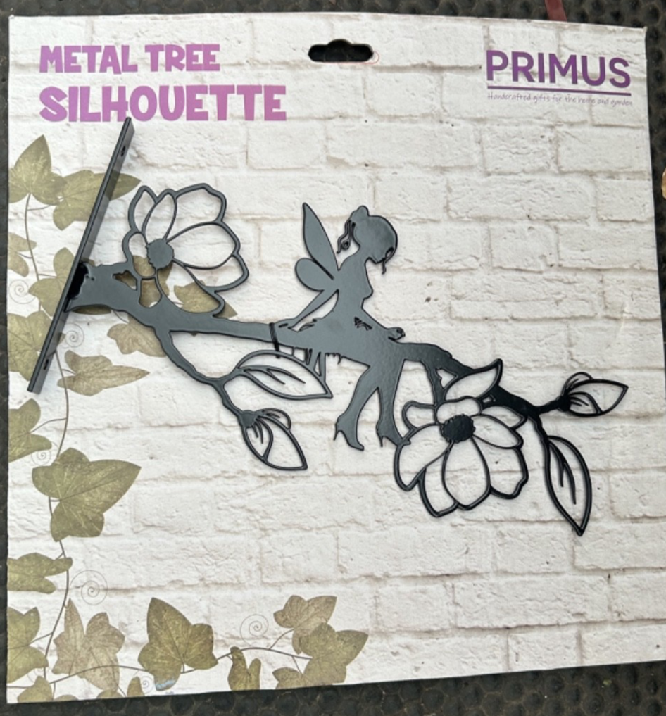 Black Metal Fairy on a Branch Tree Silhouette 25cm Long Garden Ornament