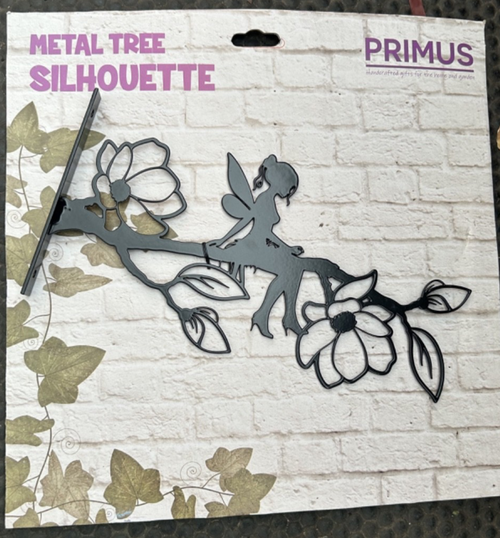 Black Metal Fairy on a Branch Tree Silhouette 25cm Long Garden Ornament