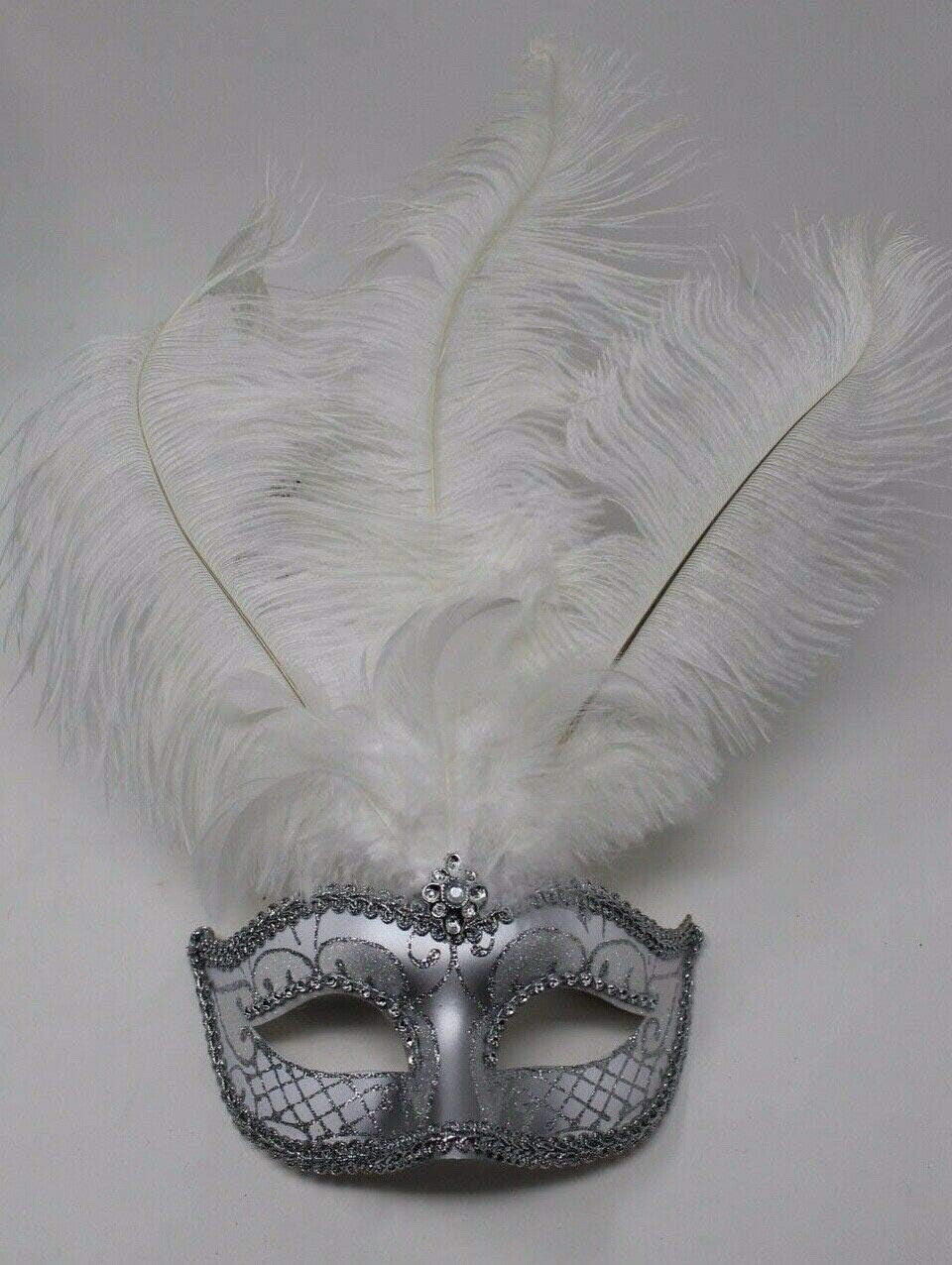LADIES WHITE & SILVER VENETIAN MASQUERADE PARTY CARNIVAL BALL EYE FEATHER MASK