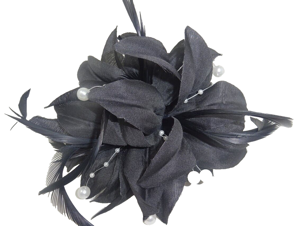 Hair Fascinator Corsage & Brooch Black with Fabric Petals & Feathers - Funeral