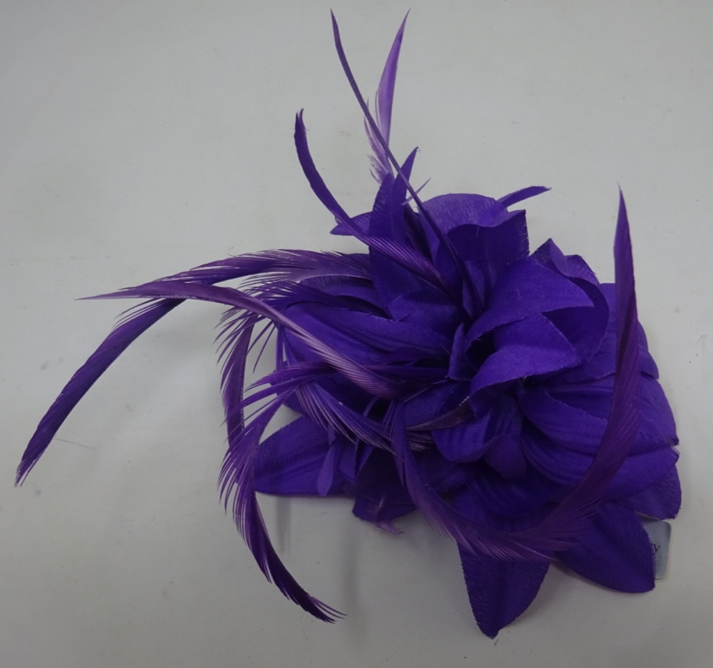Purple Corsage Brooch Fascinator Fabric Petals with Long Slim Fine Feathers