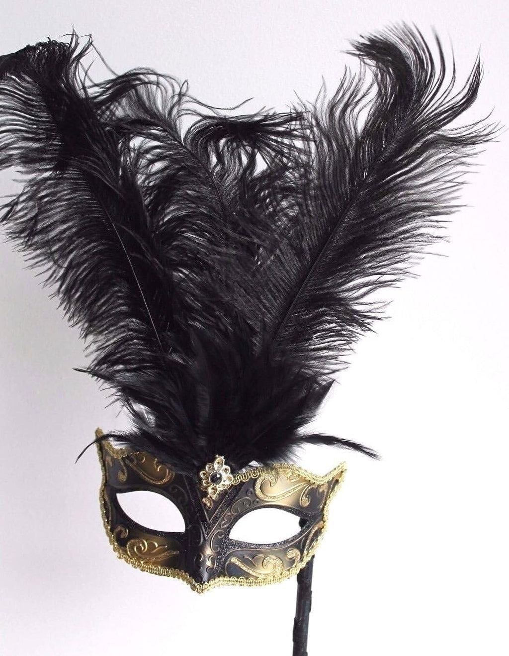 Black & Gold Feather Venetian Masquerade Carnival Party Ball Eye Mask On Stick