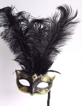 Black & Gold Feather Venetian Masquerade Carnival Party Ball Eye Mask On Stick