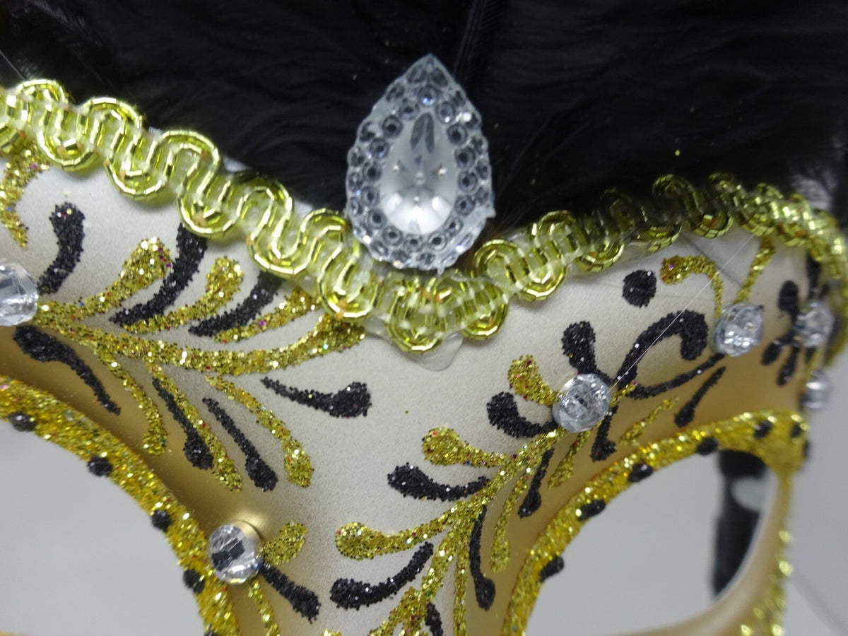 LADIES BLACK & GOLD VENETIAN MASQUERADE PARTY FEATHER MASK ON A HAND HELD STICK