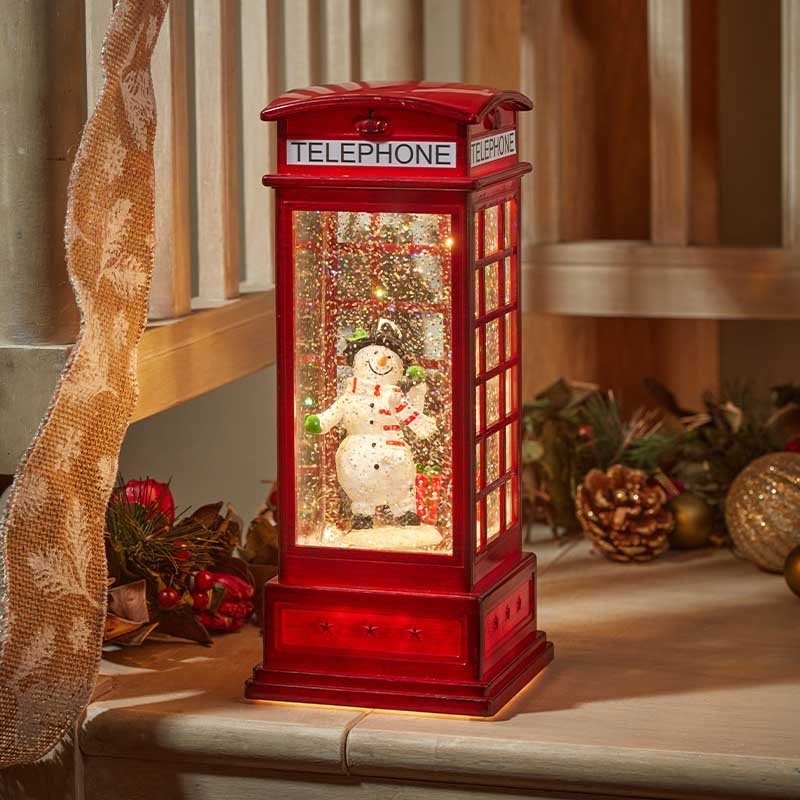 Christmas LED Water Spinner Glitter Snow Telephone Box Snowman Lantern 26cm Tall