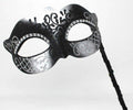 BLACK & SILVER VENETIAN MASQUERADE PARTY CARNIVAL BALL EYE MASK ON A STICK