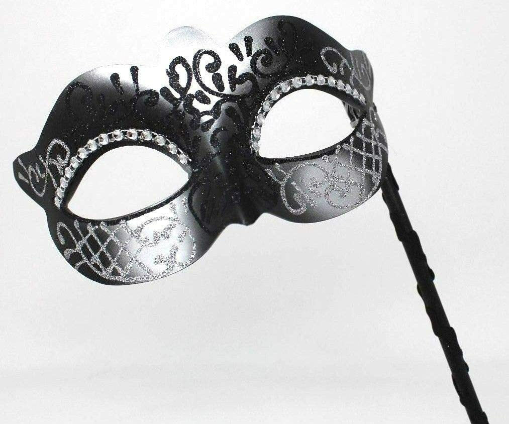 BLACK & SILVER VENETIAN MASQUERADE PARTY CARNIVAL BALL EYE MASK ON A STICK