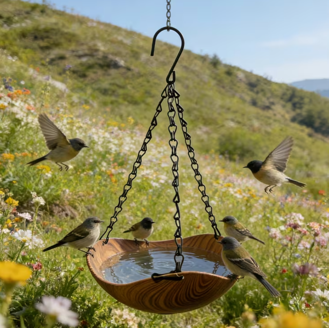 Dark Wood Grain Bird Bath Garden Ornament 35cm Hanging Depth & Cleaning Brush