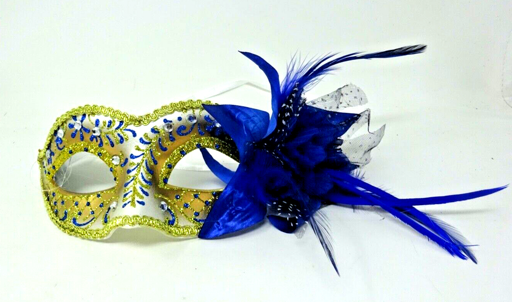 BLUE IVORY GOLD VENETIAN MASQUERADE PARTY BALL CARNIVAL FLOWER &  DIAMONTES MASK