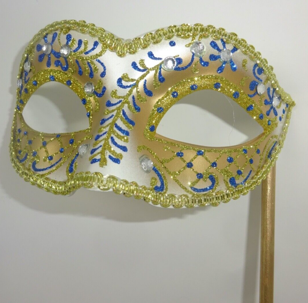 JEWELLED BLUE IVORY & GOLD VENETIAN MASQUERADE PARTY EYE MASK HAND HELD STICK