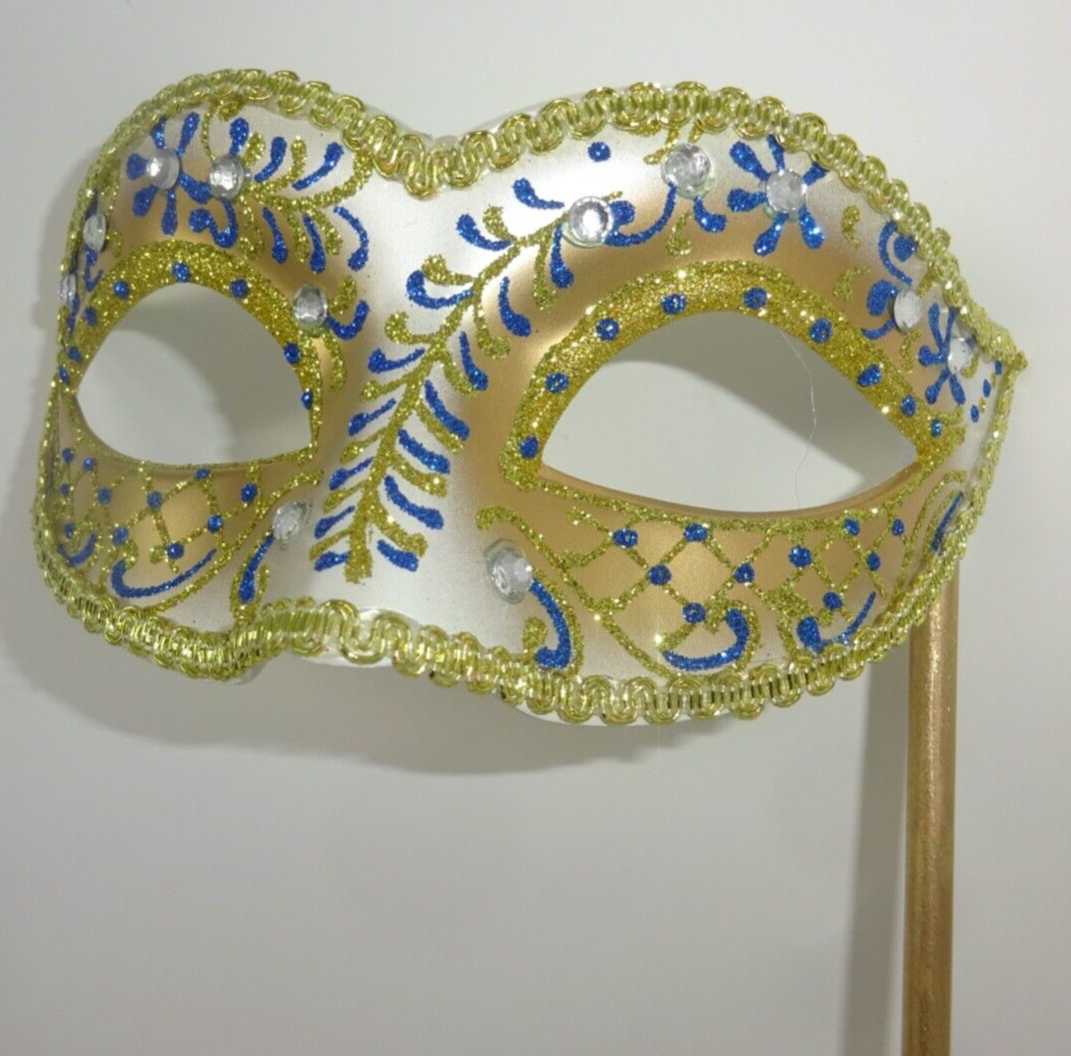 JEWELLED BLUE IVORY & GOLD VENETIAN MASQUERADE PARTY EYE MASK HAND HELD STICK