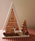 LED Light Up Wooden House Scene 22cm Nordic Christmas Village Reindeer & Tree