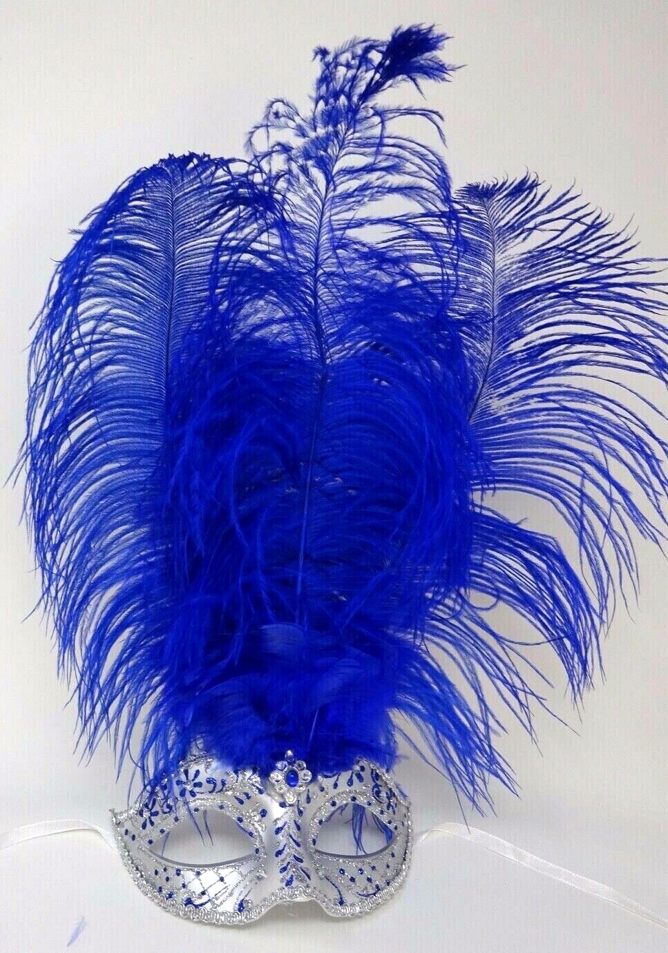FEATHER MASK BLUE & SILVER VENETIAN MASQUERADE BALL CARNIVAL PARTY FACE EYE MASK