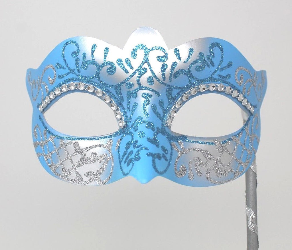 BLUE & SILVER VENETIAN MASQUERADE PARTY  MASK ON A HAND HELD STICK