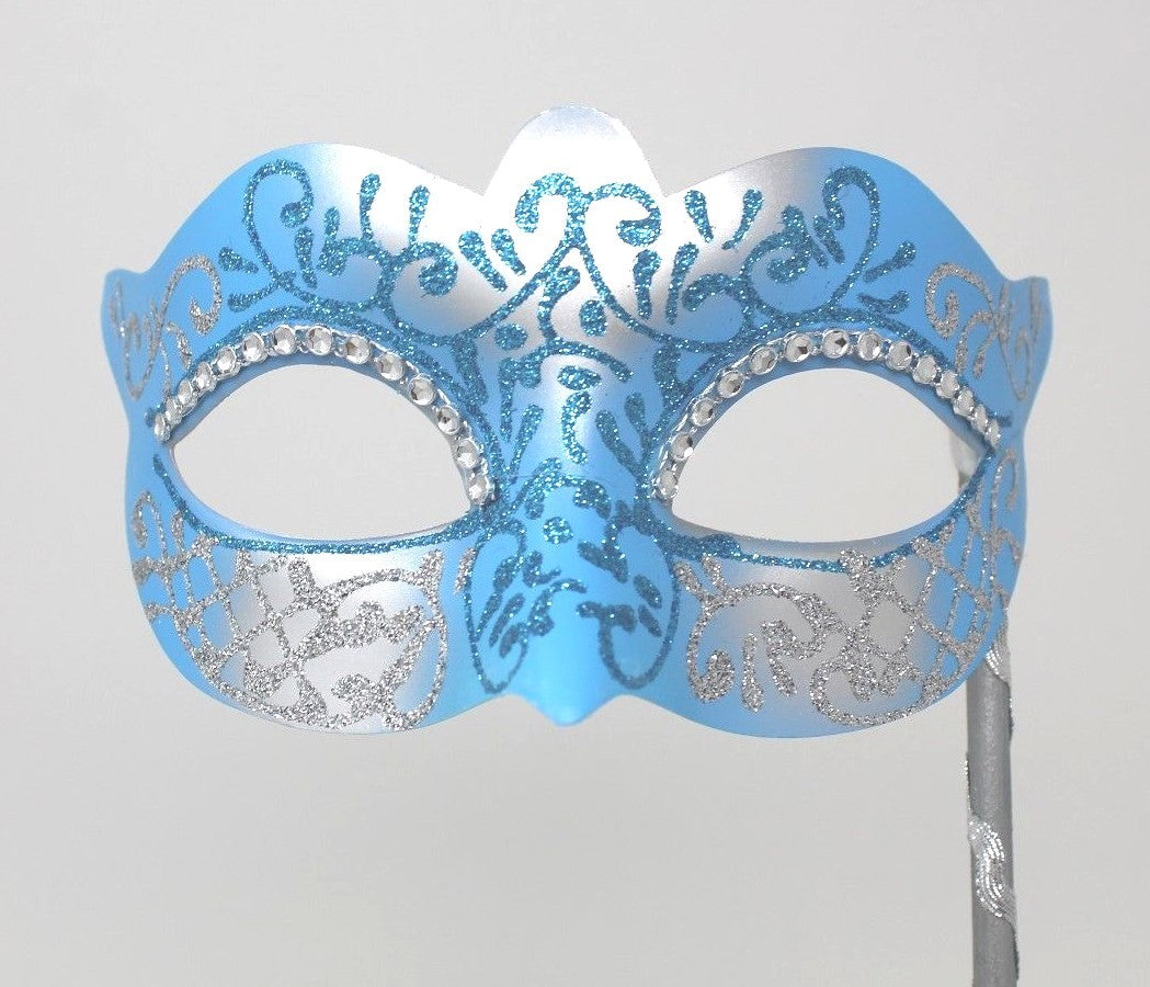 BLUE & SILVER VENETIAN MASQUERADE PARTY  MASK ON A HAND HELD STICK