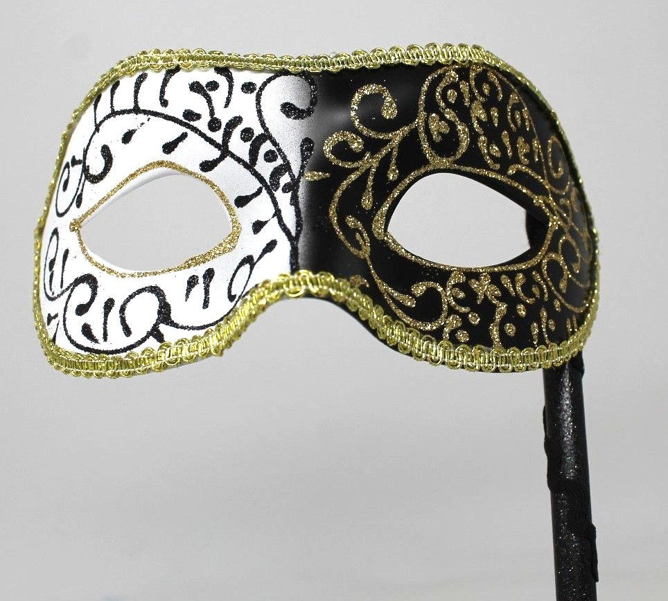 SPARKLING BLACK WHITE GOLD VENETIAN MASQUERADE PARTY PROM MASK  HAND HELD STICK