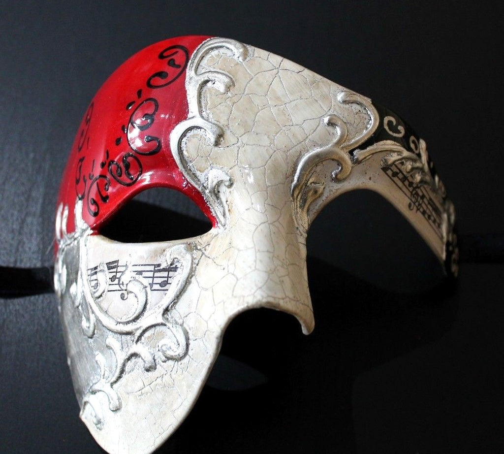 QUALITY RED & SILVER HALF FACE PHANTOM MUSICAL NOTES MASQUERADE MASK