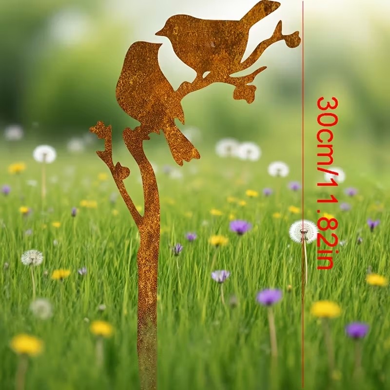 Rusty Patina Metal Two Birds Silhouette Stake 30cm Tall Garden Lawn Decoration