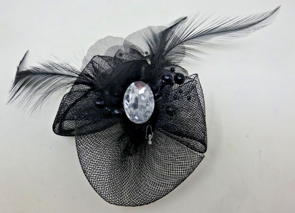 Hair Fascinator Corsage &Brooch Black Slim Feathers Net Petals Centre Diamonte