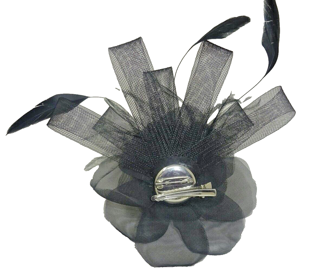 Hair Fascinator Corsage and Brooch Black Feathers with Decorative Hessian Flower