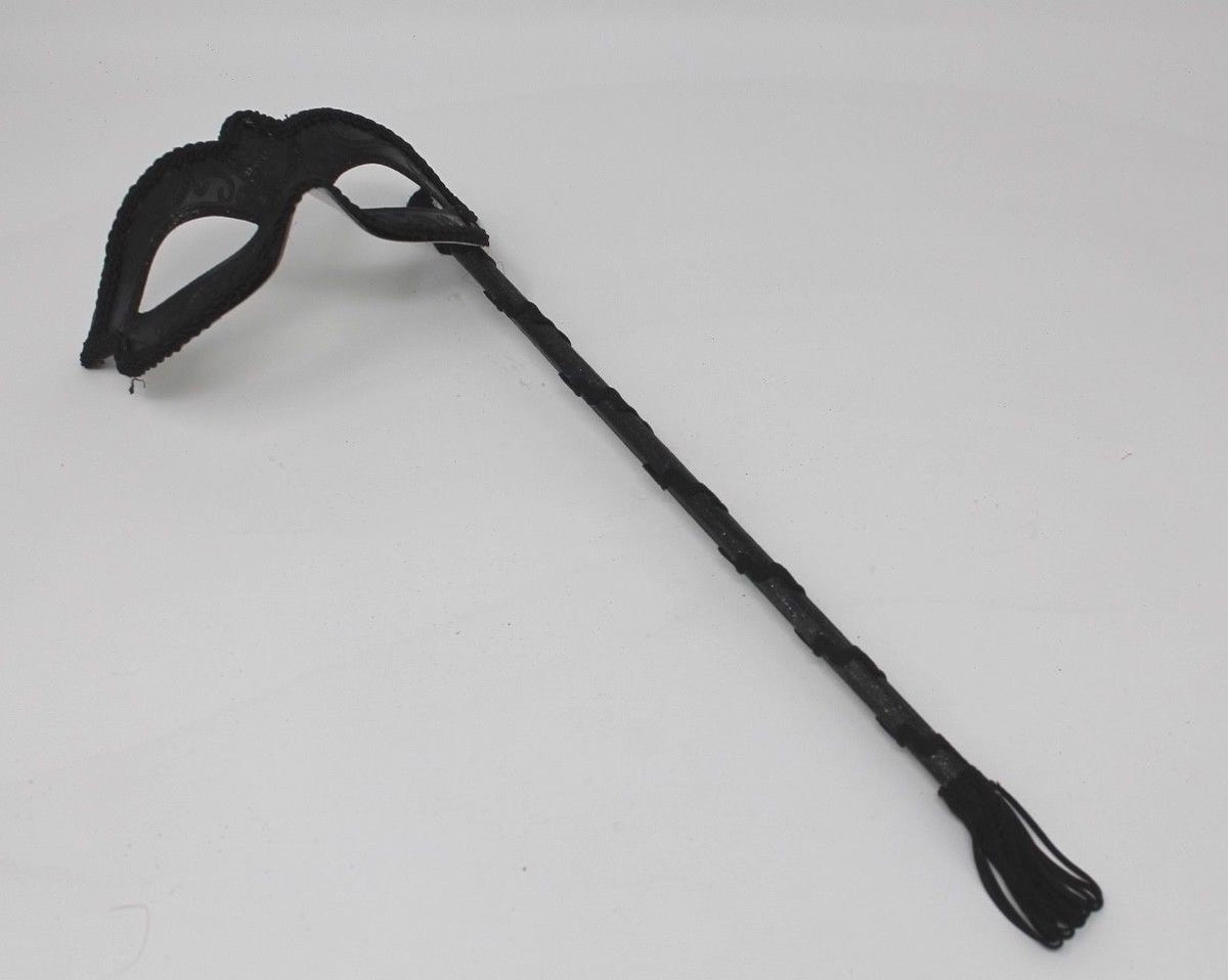 Midnight BLACK Venetian Masquerade Ball Carnival Face Mask on A HAND HELD STICK
