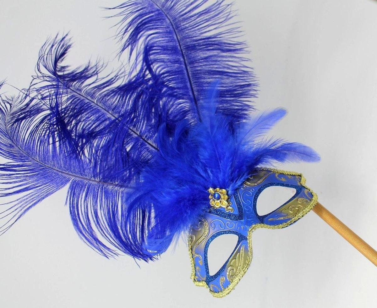 BLUE & GOLD FEATHER HAND HELD MASK & STICK VENETIAN CARNIVAL MASQUERADE PARTY