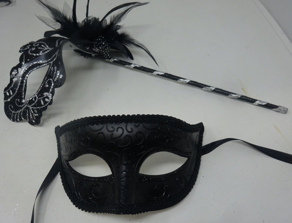 COUPLES SILVER & BLACK VENETIAN MASQUERADE PARTY CARNIVAL EYE BALL MASK ON STICK