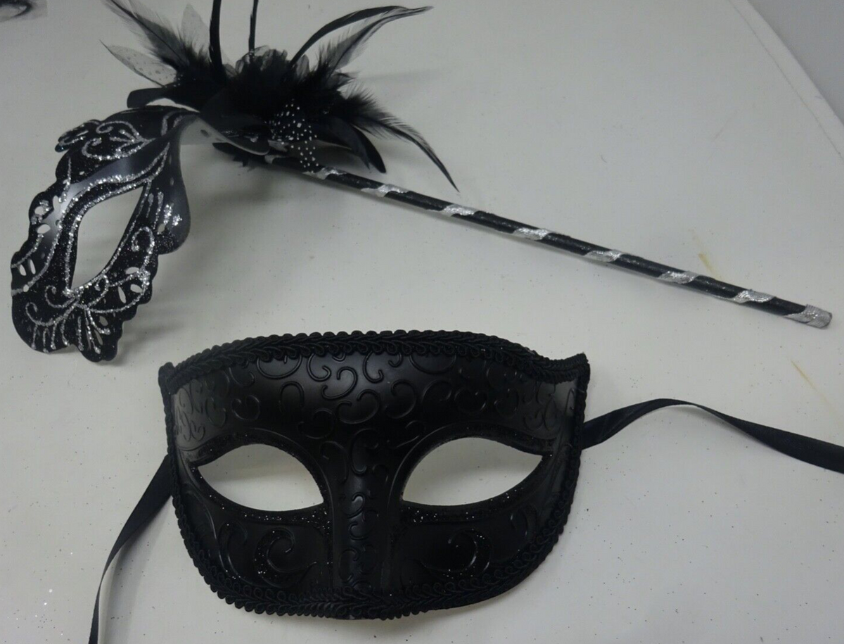 COUPLES SILVER & BLACK VENETIAN MASQUERADE PARTY CARNIVAL EYE BALL MASK ON STICK