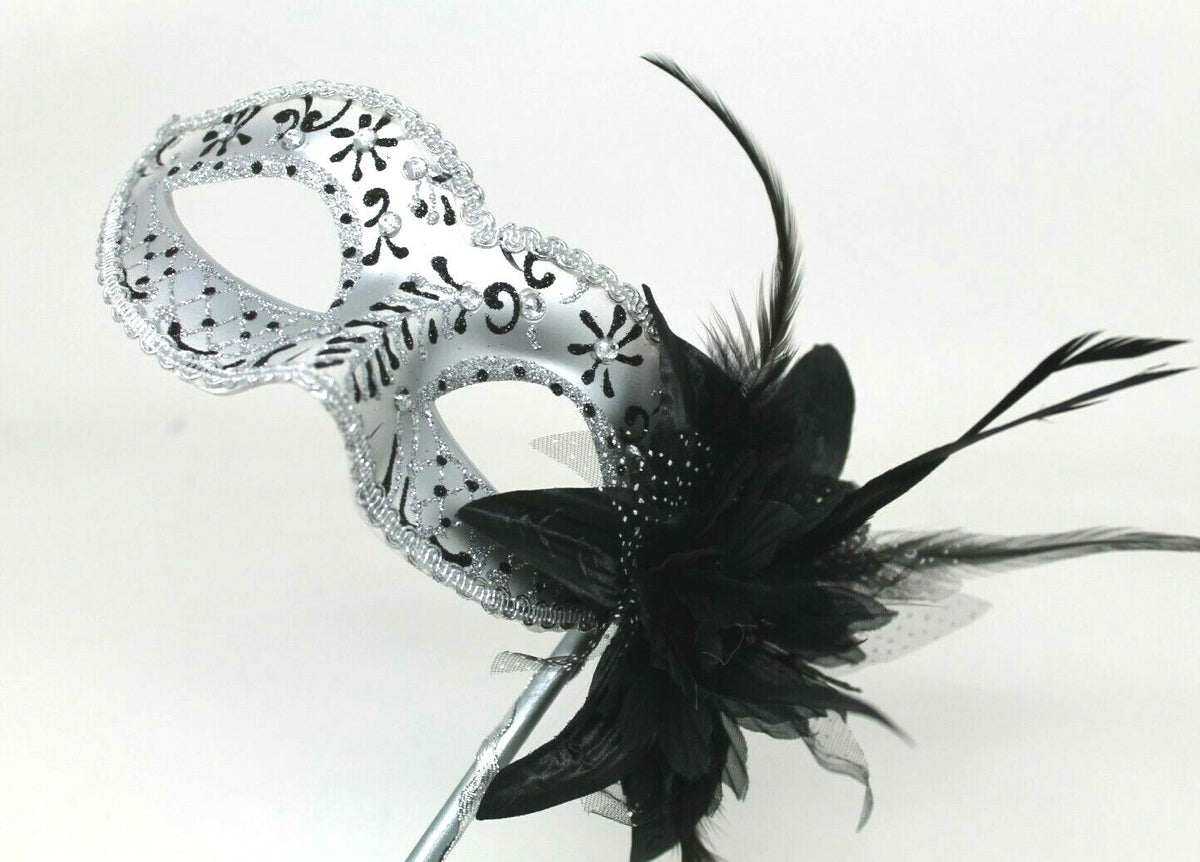 GLITTERING JEWELS BLACK & SILVER VENETIAN MASQUERADE PARTY MASK ON A HAND STICK