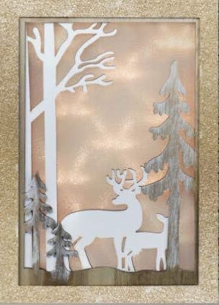 Wooden Gold Glitter Framed Wall Art LED Christmas Snowy Forest & Reindeer 33x22