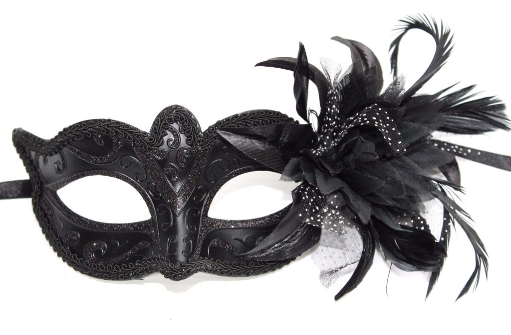 LADIES MIDNIGHT BLACK WITH FLOWER STUNNING VENETIAN MASQUERADE PARTY EYE MASK