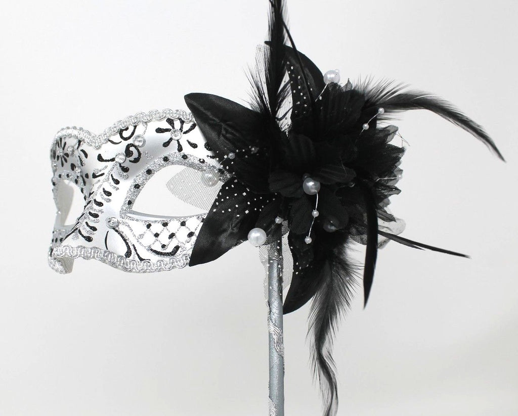 BLACK & SILVER JEWELS VENETIAN MASQUERADE PARTY PROM  MASK ON A HAND HELD STICK