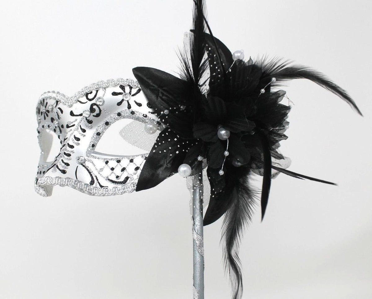 BLACK & SILVER JEWELS VENETIAN MASQUERADE PARTY PROM  MASK ON A HAND HELD STICK