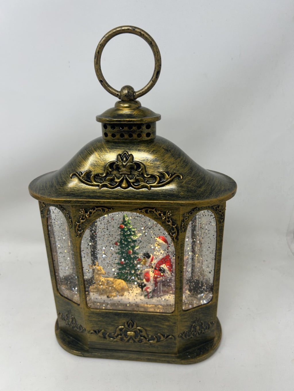 Santa Reindeer & Tree Scene Water Spinner Lantern 21 cm Antique Gold Decoration