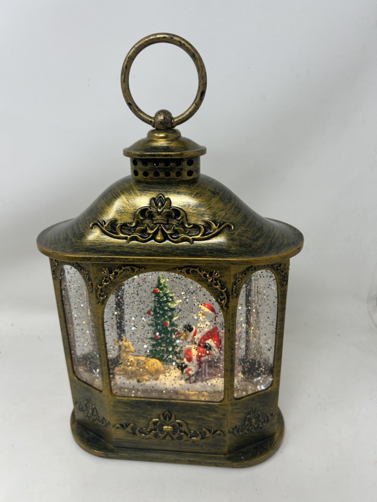 Santa Reindeer & Tree Scene Water Spinner Lantern 21 cm Antique Gold Decoration