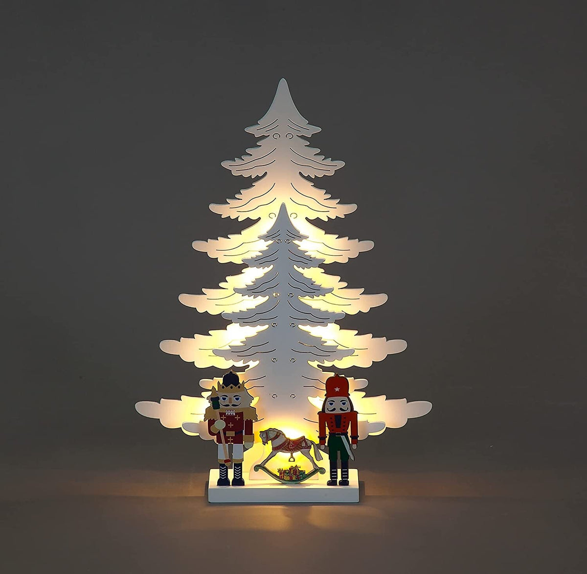35cm White Wood Xmas Trees with 2 Nutcracker & Rocking Horse 7 Warm White LEDs