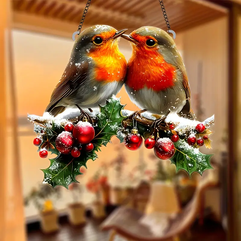 Festive Hanging Acrylic Garden Suncatcher Robins Snowy Holly with Berries 20cm