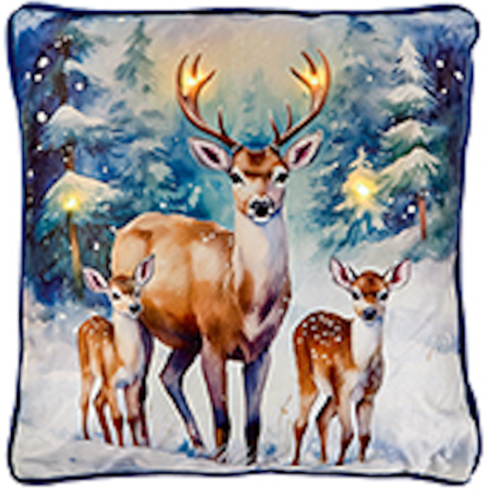 Large Winter Reindeer Family Christmas Festive LED Lights Cushion & Insert 45cm