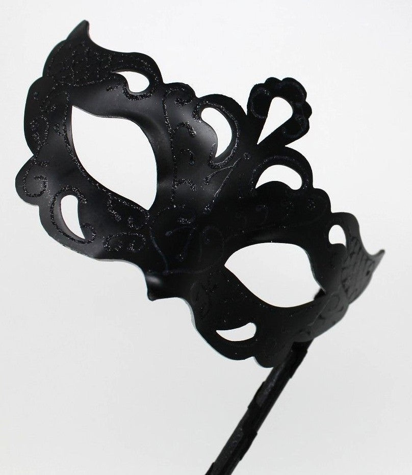 STUNNING BLACK Venetian Masquerade Ball Face Mask on A HAND HELD  STICK  MASK