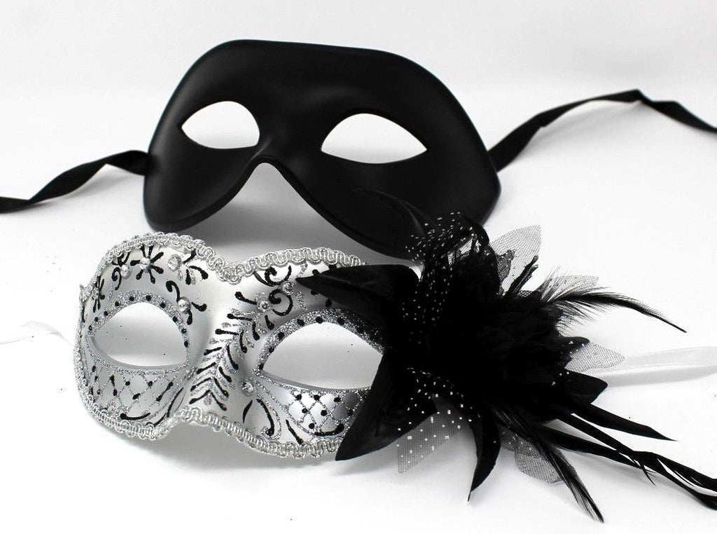 HIS N HERS PAIR COUPLES SILVER AND  BLACK VENETIAN MASQUERADE PARTY  EYE MASKS