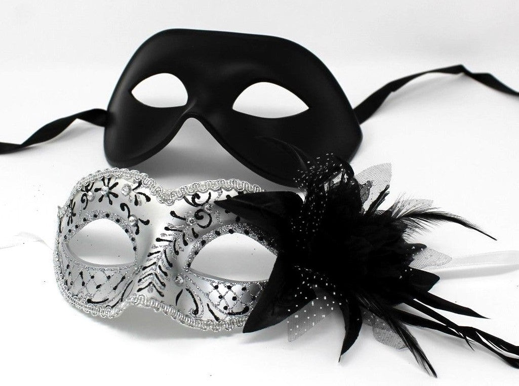 HIS N HERS PAIR COUPLES SILVER AND  BLACK VENETIAN MASQUERADE PARTY  EYE MASKS