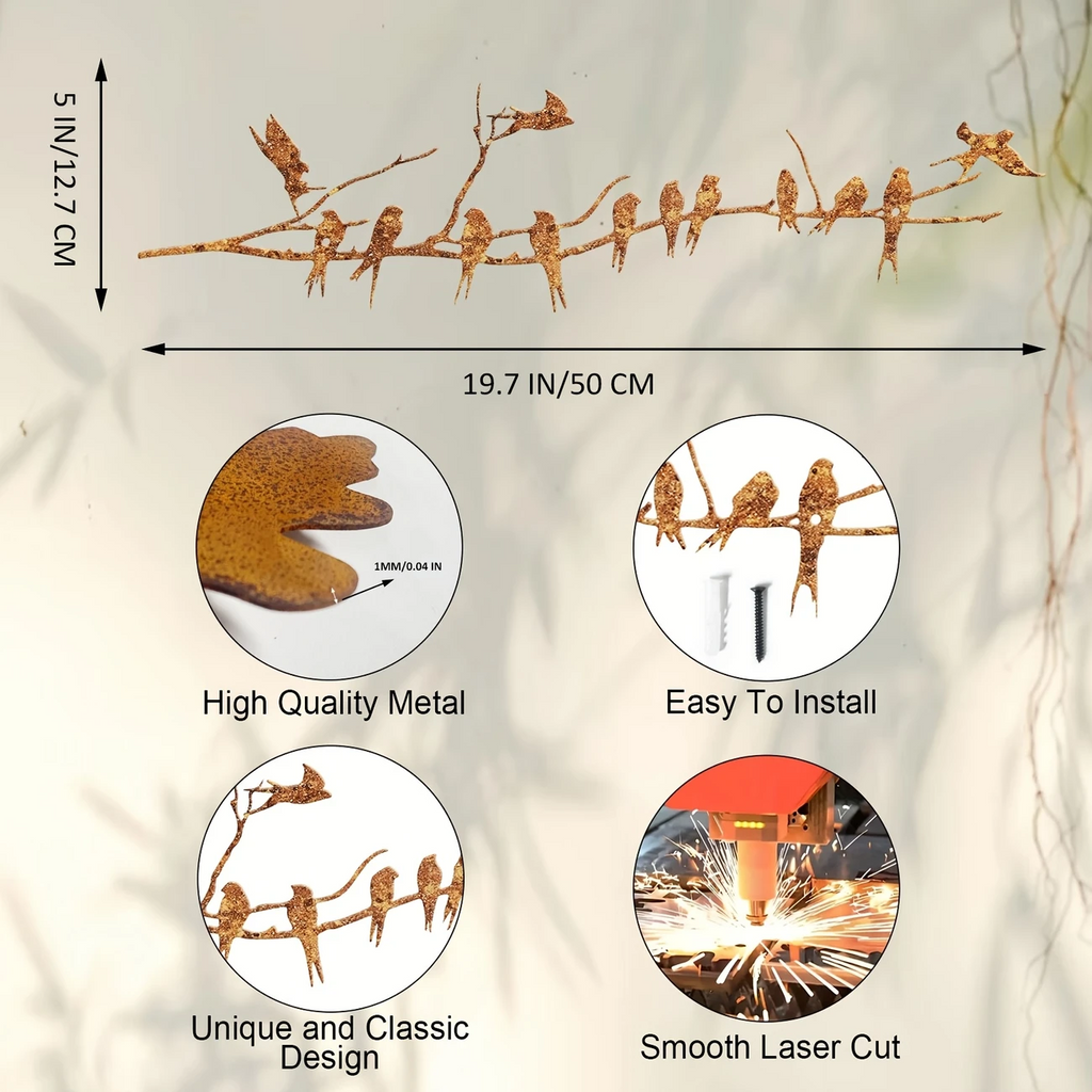 Rusty Metal Birds on a Branch Tree Silhouette 50cm x 13cm Garden Wall Art