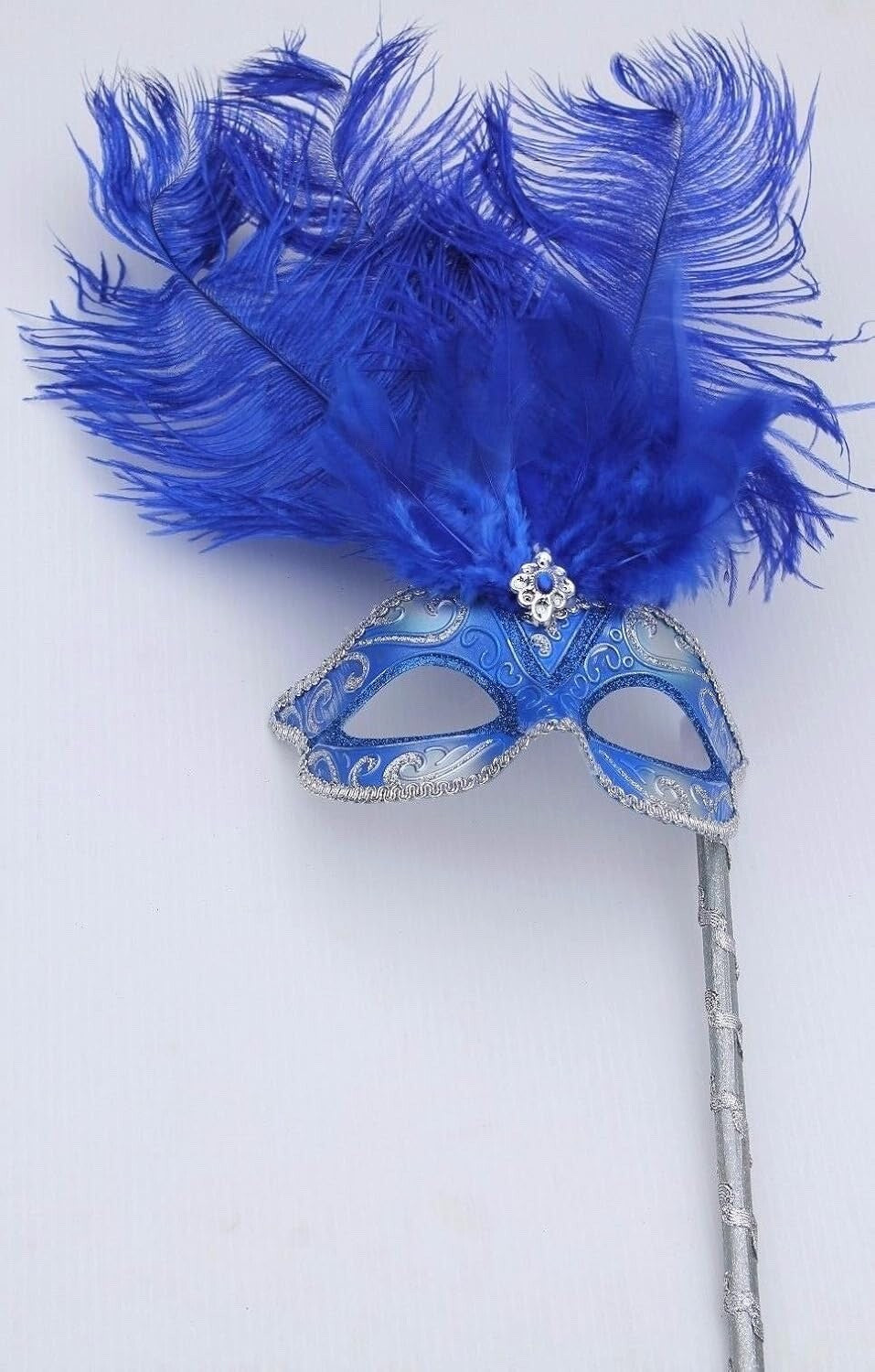 BLUE SILVER VENETIAN MASQUERADE BALL CARNIVAL PARTY FEATHER MASK HAND HELD STICK